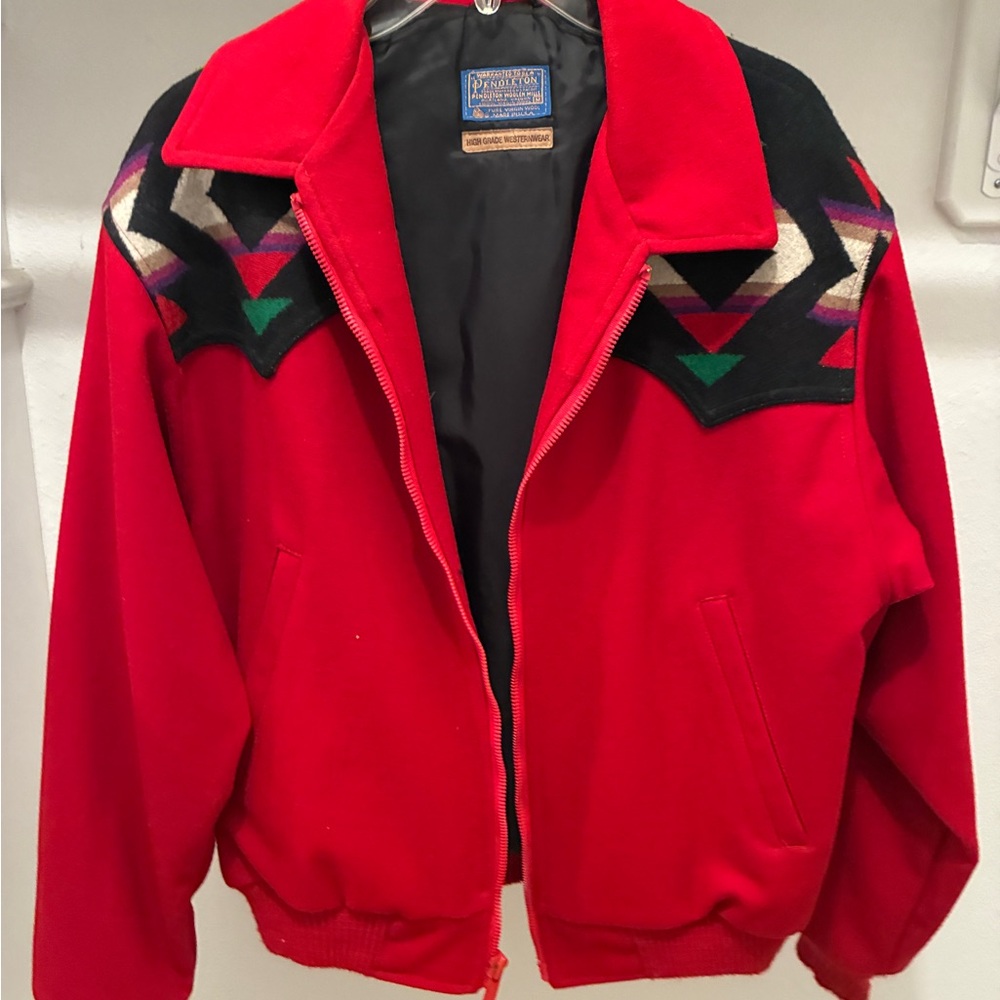 Pendleton Vibrant Red Bomber Jacket with Geometric Patterns